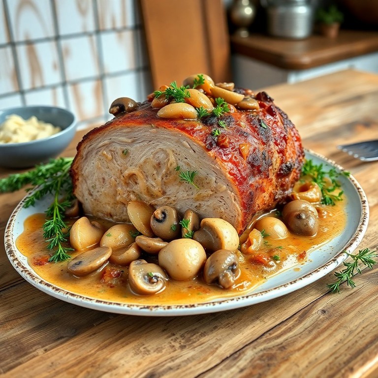 Varkensgebraad met Romige Champignon-Uien Saus