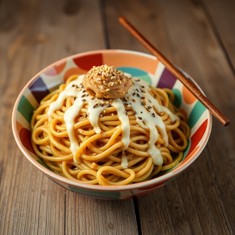 Fideos de Cacahuete con Salsa de Chocolate Blanco