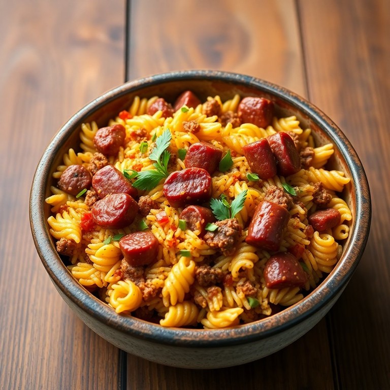Arroz e Macarrão à Linguiça com Carne Moída