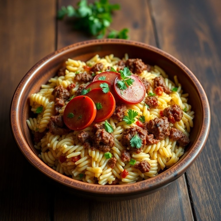Arroz e Macarrão à Linguiça com Carne Moída