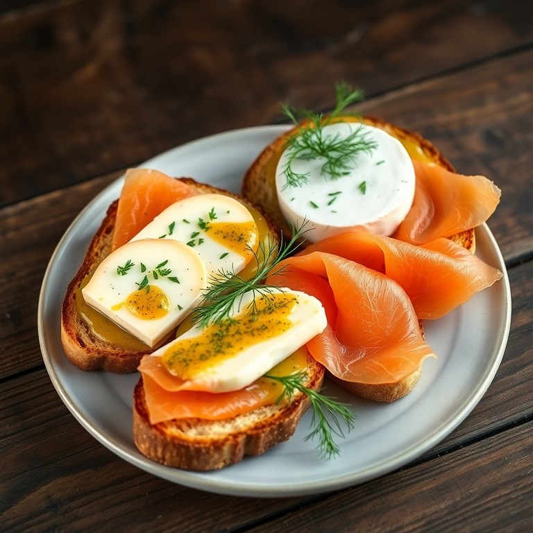Knuspriger Toast mit Feigensenf, Camembert, Dill und Lachs