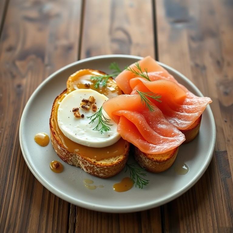 Knuspriger Toast mit Feigensenf, Camembert, Dill und Lachs