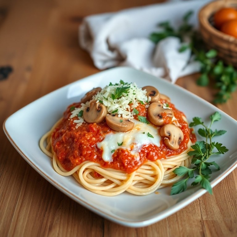 Spaghetti mit gehackten Tomaten, Champignons und Käse