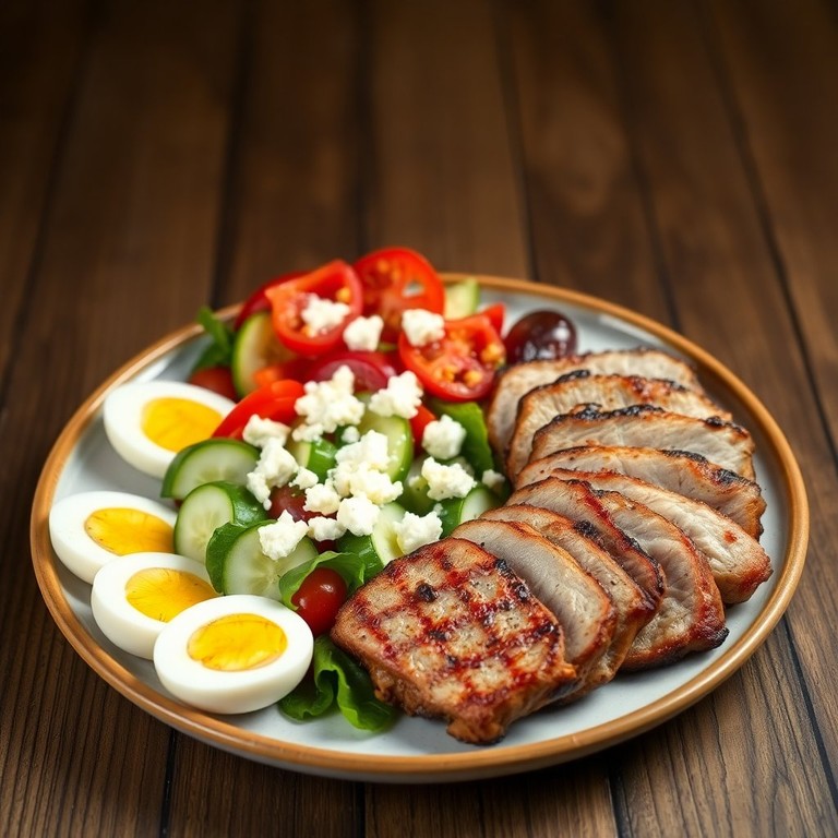 Savory Grilled Pork Neck with Fresh Vegetable Salad and Cheese