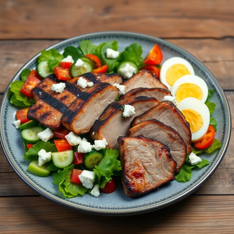 Savory Grilled Pork Neck with Fresh Vegetable Salad and Cheese