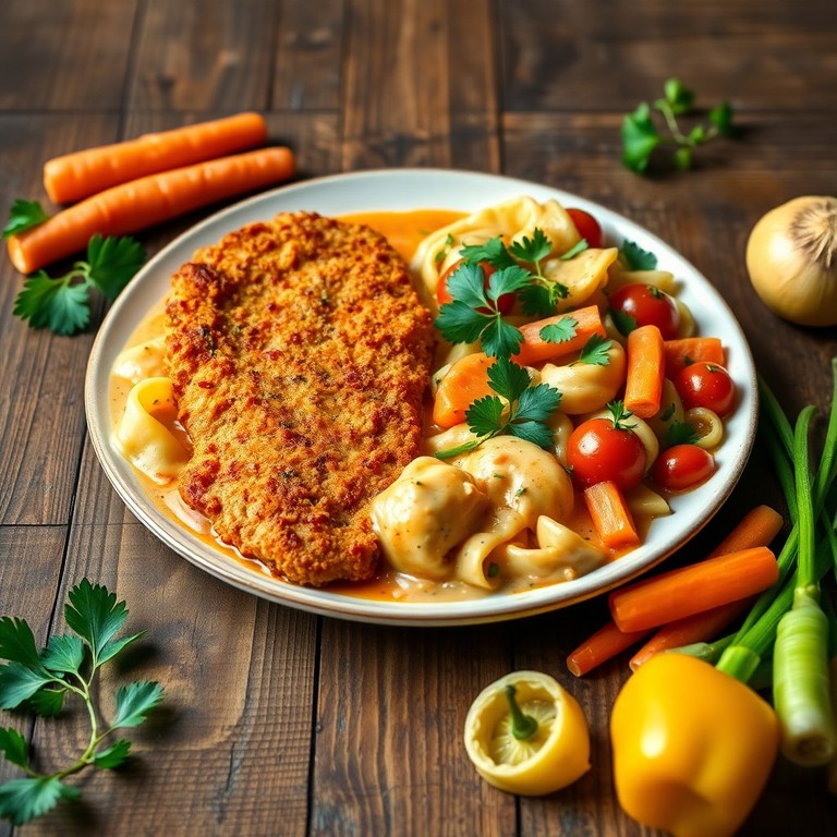 Hähnchenschnitzel mit Tomaten-Tortellini und Frischkäse-Sauce