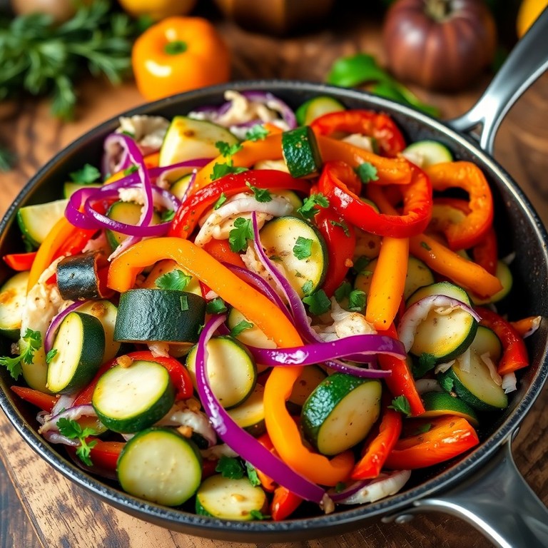 Bunte Zucchini-Kohl-Paprika-Pfanne mit frischen Kräutern