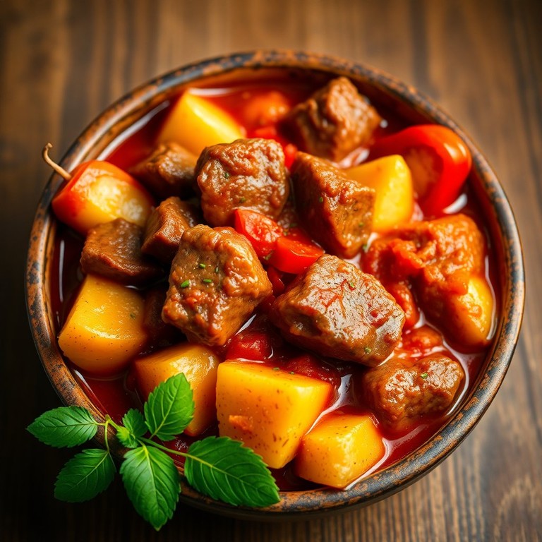 Carne ao Molho de Tomate com Batatas e Pimentão