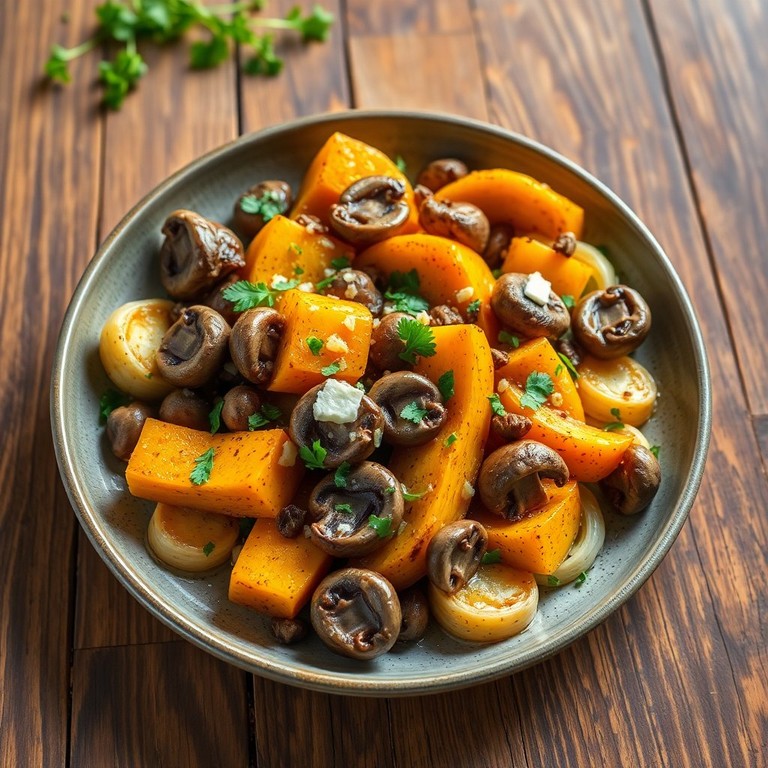 Herzhafter Butternusskürbis mit Champignons und Fenchel