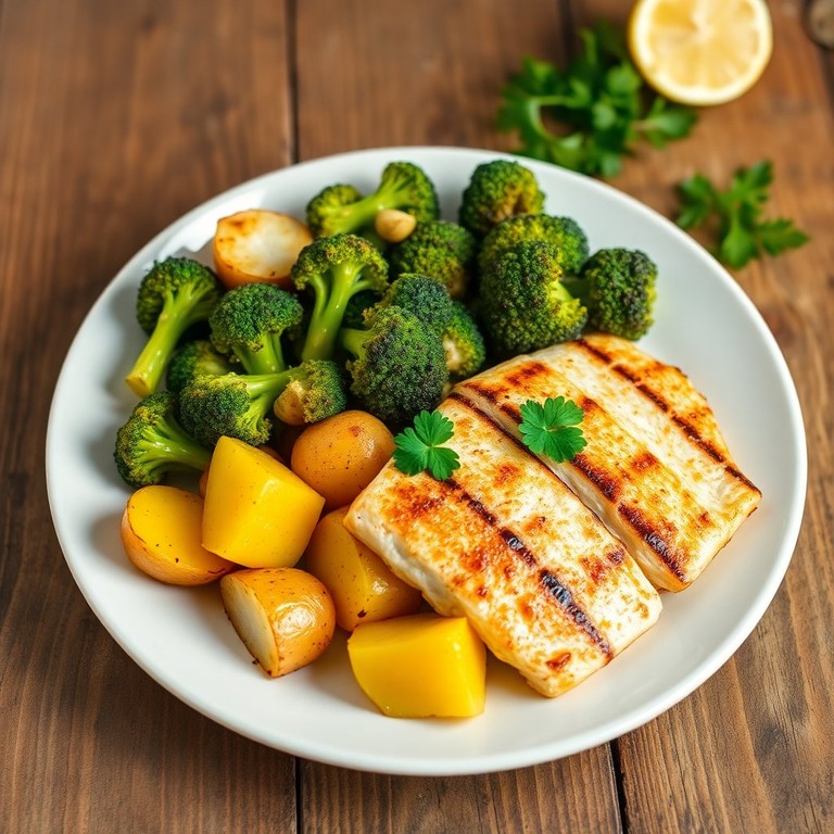 Brócolis ao Alho com Batatas e Filé de Peixe Grelhado