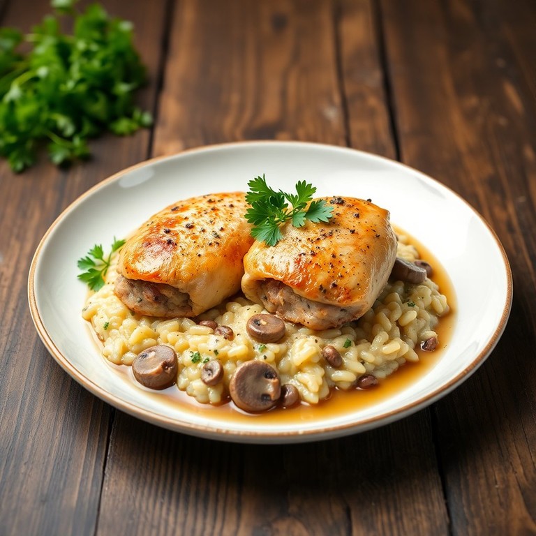 Cuisse de Poulet Farcie de Risotto aux Cèpes et Sauce au Vin Blanc