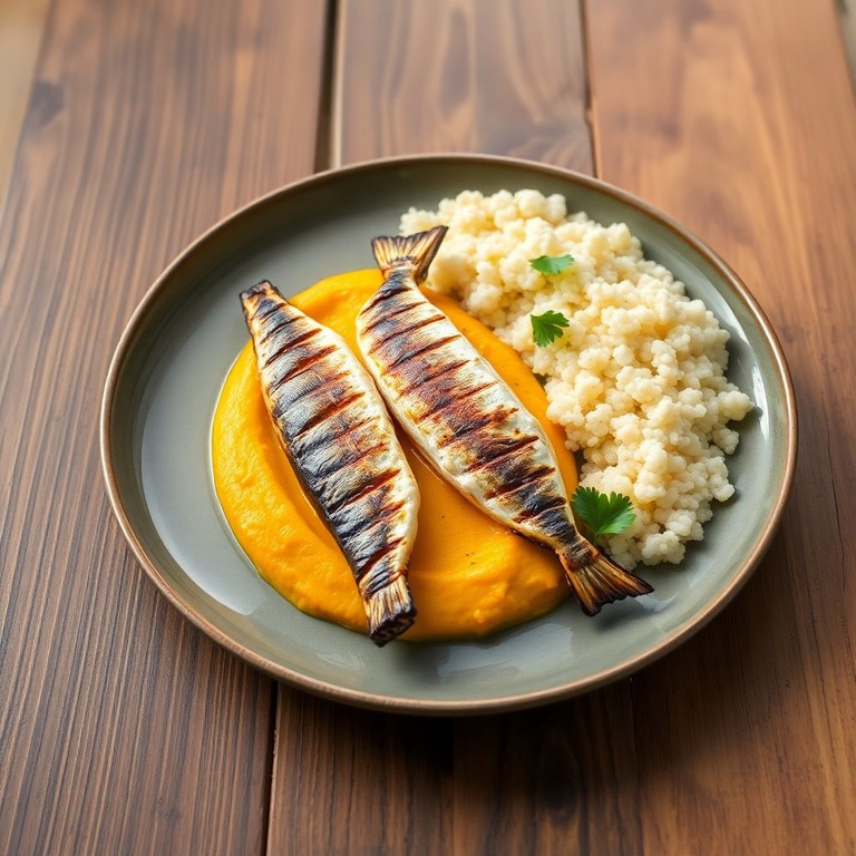 Sardinha Grelhada com Purê de Abóbora e Cuscuz