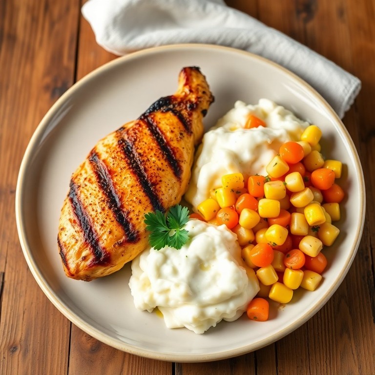 Peito de Frango Grelhado com Purê de Batata e Milho