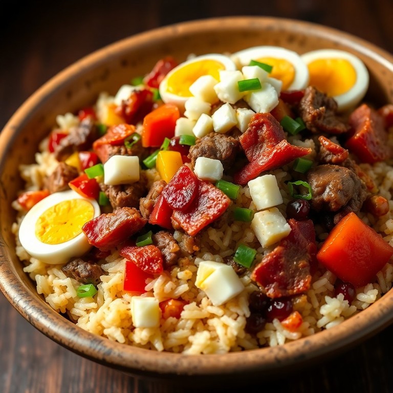 Arroz à Brasileira com Picadinho e Bacon Crocante