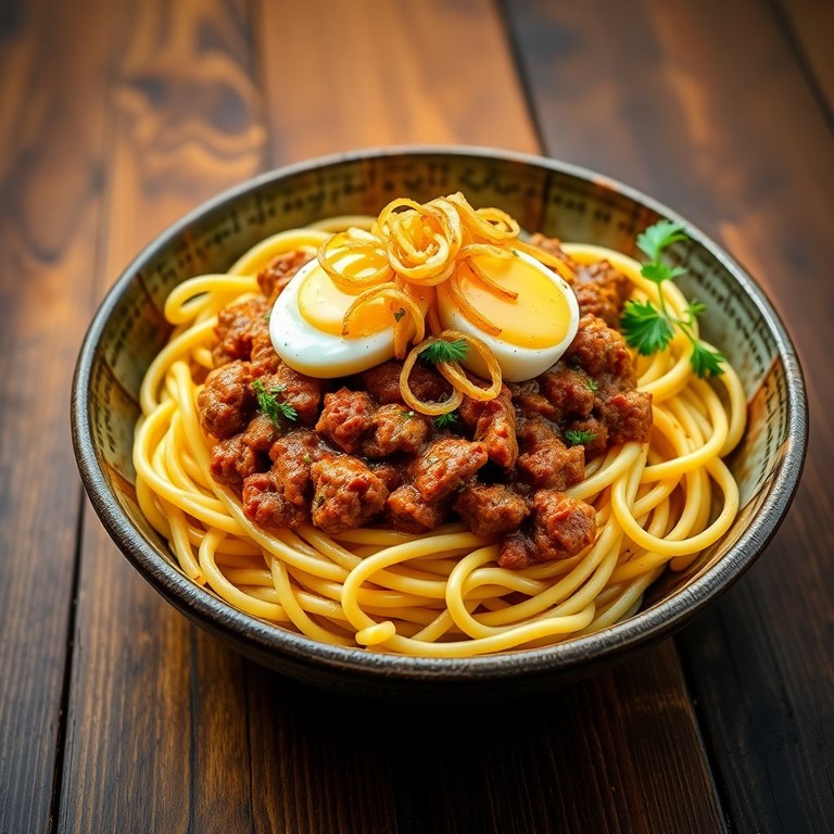Макароны с тушенкой и яйцом под хрустящим луком
