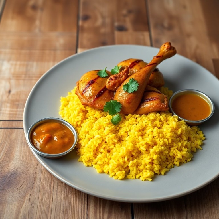 Pollo a la Brasa con Arroz Amarillo y Aji Panca