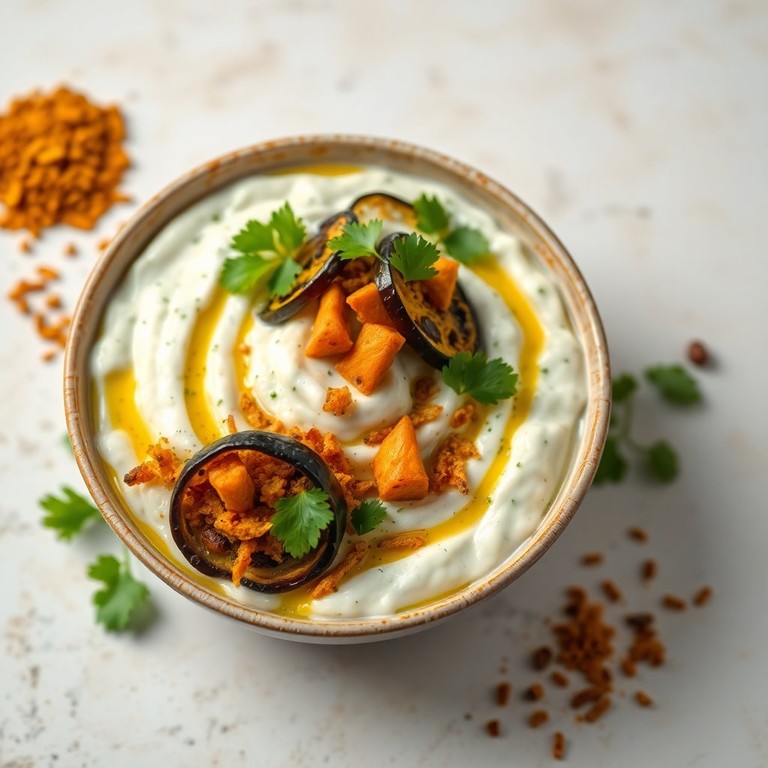 Onion and Ash Gourd Raita with Brinjal Crunch