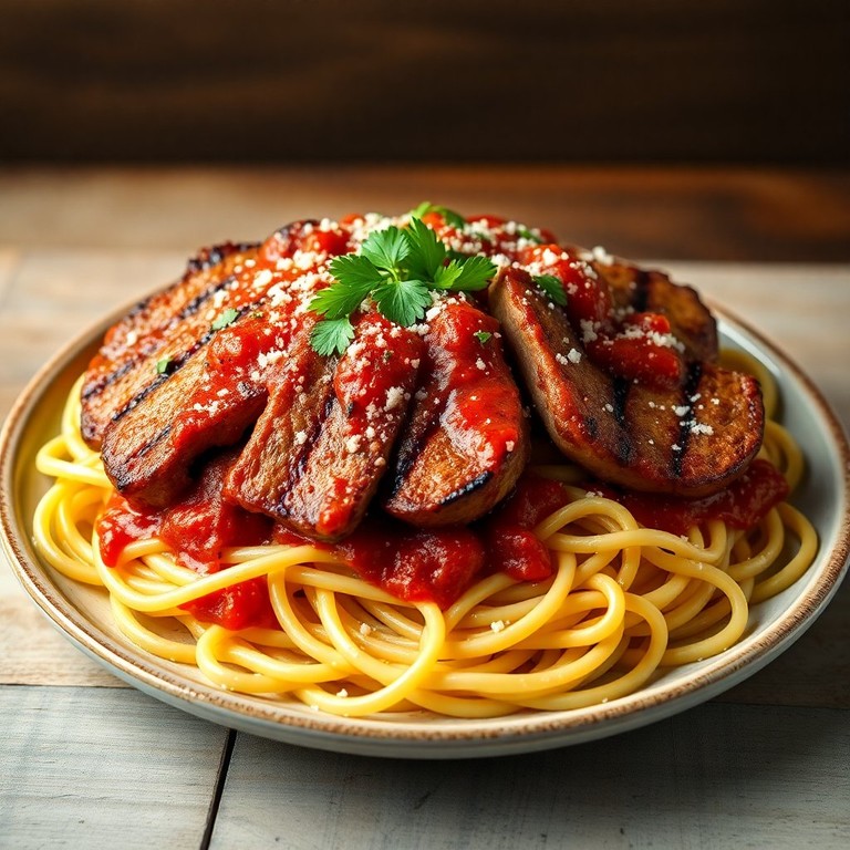 Macarrão ao Molho de Tomate com Picanha Suína Grelhada