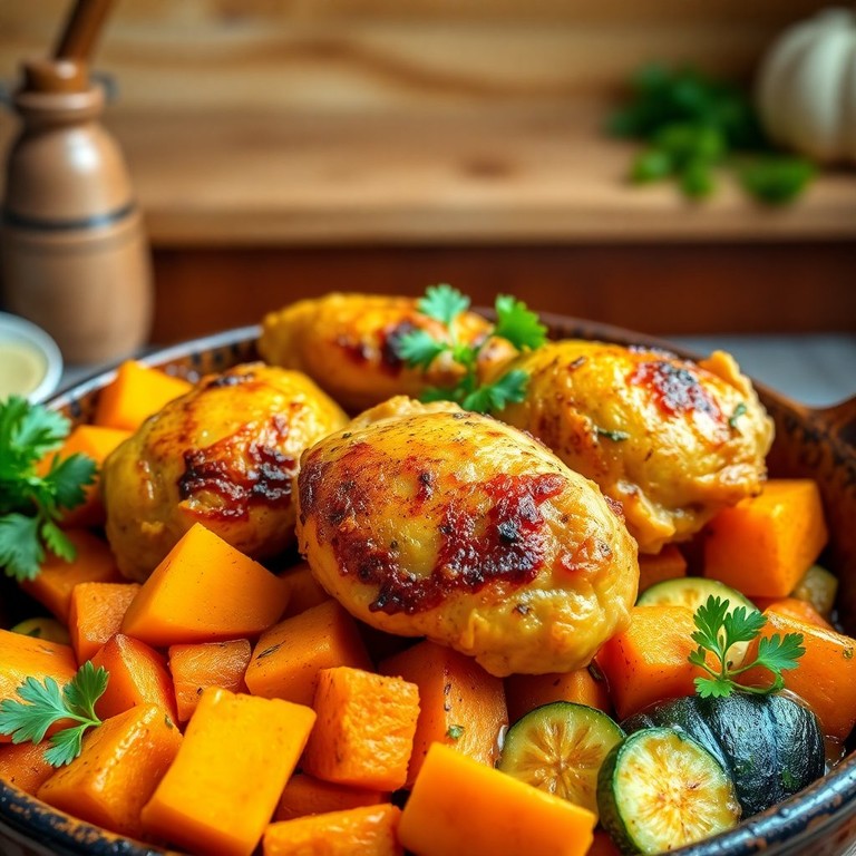 Herbstliche Hähnchenschenkel mit Kürbis und Karotten