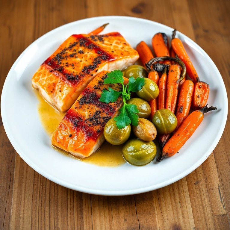 Crispy Salmon with Roasted Brussels Sprouts and Honey-Glazed Carrots