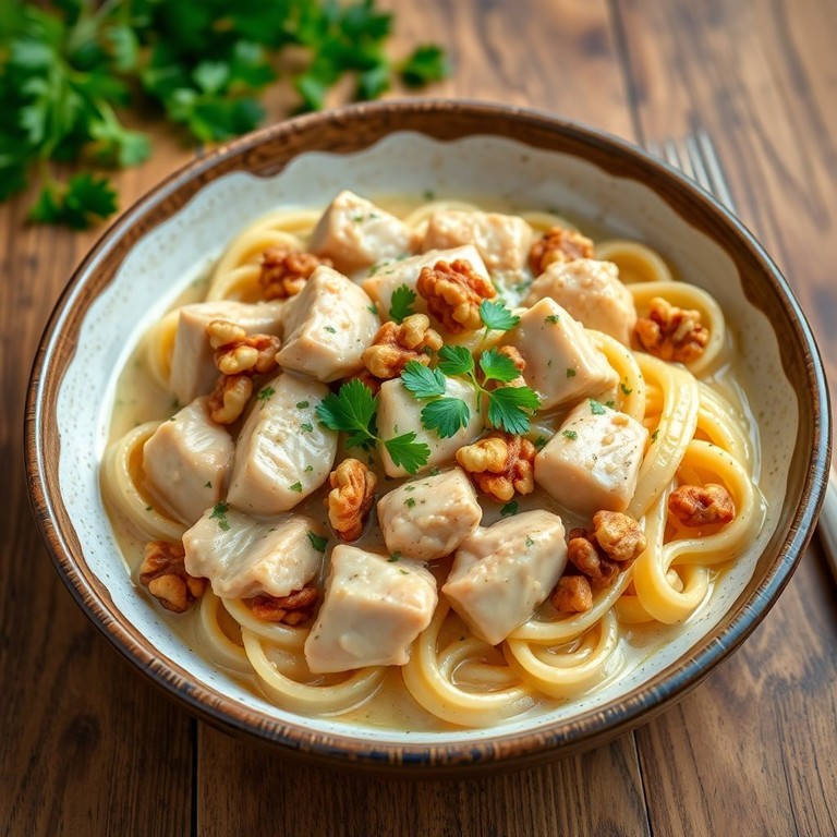 Pollo al Vino Blanco con Nueces y Pasta