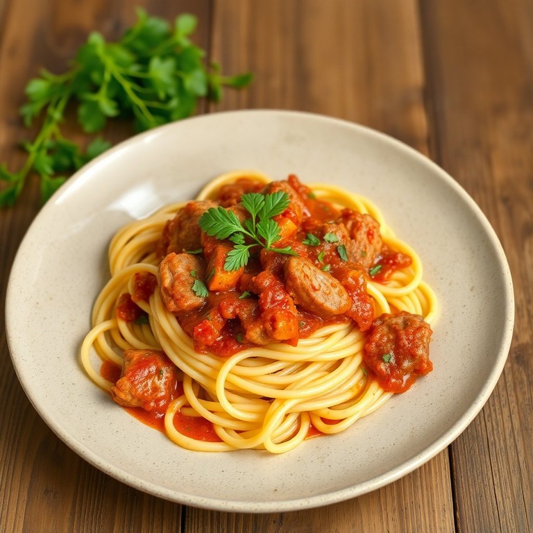 Макароны с томатной пастой и свининой