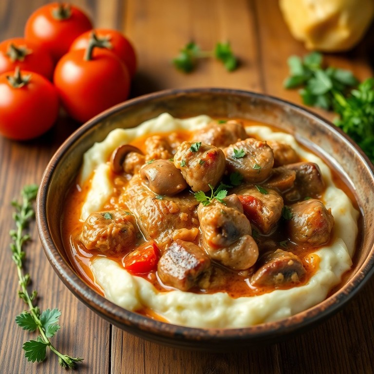 Kip Champignonstoofpot met Tomaten en Kruidige Aardappelpuree
