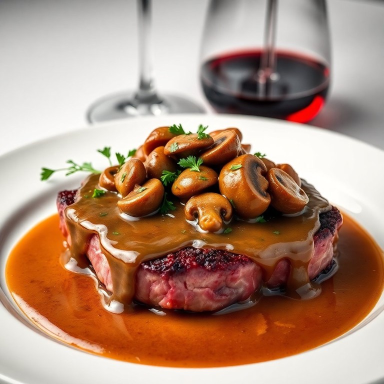 Filet Mignon en Salsa de Champiñones con Toque de Vino Tinto