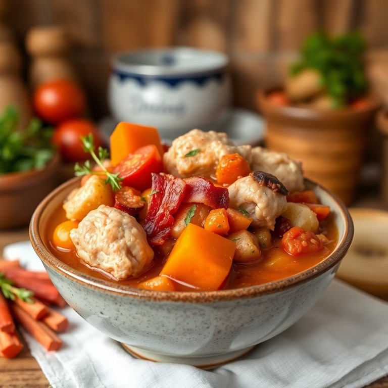 Guiso de Pollo con Tocino, Tomate y Verduras