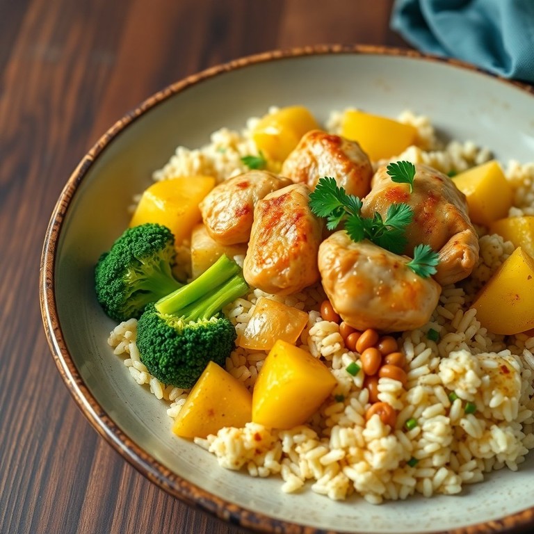 Arroz de Frango com Brócolis e Batatas Douradas