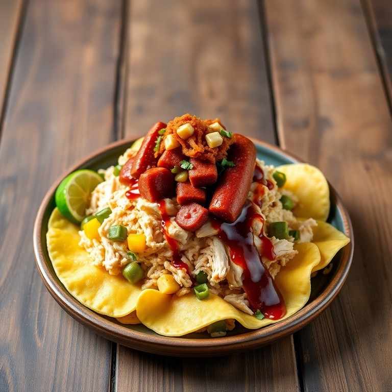 Salchipapas con Pollo Desmechado y Salsa BBQ
