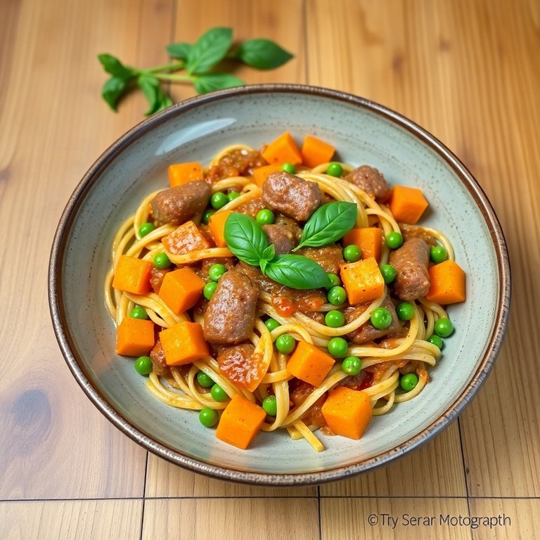 Erbsen-Möhren-Pasta mit würziger Bratwurstsoße