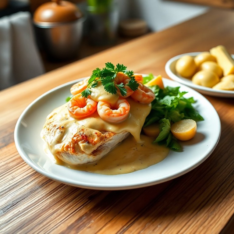 Gevulde Kabeljauwhaas met Scampi en Kaassaus