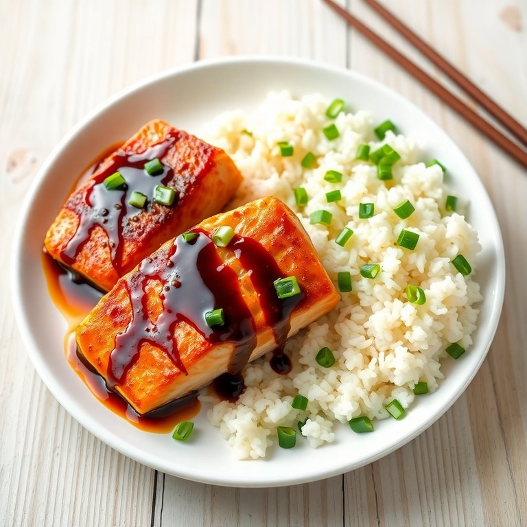 Crispy Salmon with Soy Sauce Drizzle and Jasmine Rice