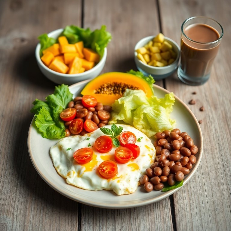Desayuno Completo: Huevos Revueltos, Frijoles y Leche con Chocolate