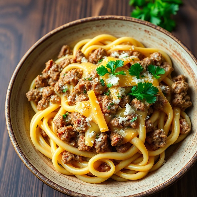 Macarrão com Hambúrguer e Queijo Cheddar Cremoso