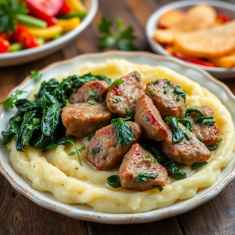 Cremiger Kartoffelbrei mit zartem Spinat und zartem Fleisch