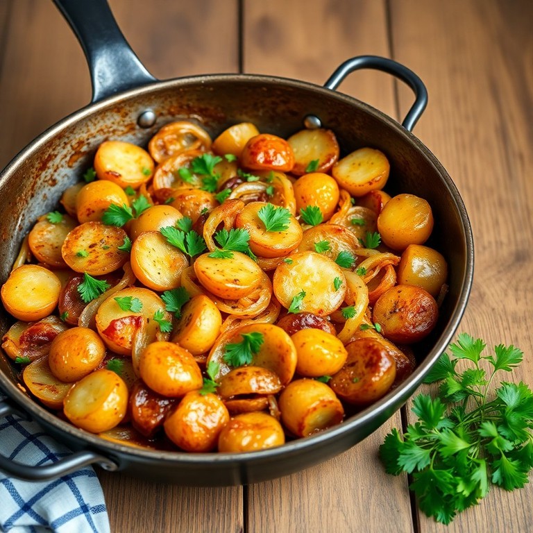 Kräuterseitling-Pfanne mit Zwiebeln und Kartoffeln