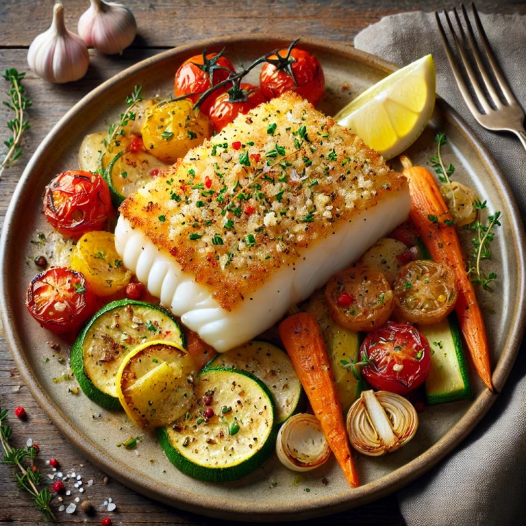 Kabeljaufilet in einer Kruste mit geröstetem Gemüse