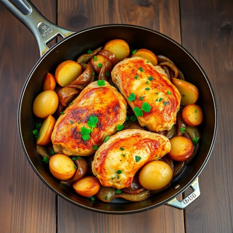 Zwiebel-Kartoffel-Pfanne mit Hähnchenbrust und Sahne
