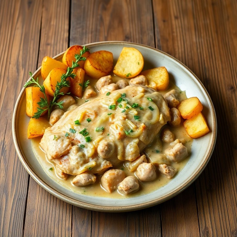 Hähnchenbrust in Zwiebel-Sahne-Soße mit knusprigen Kartoffeln