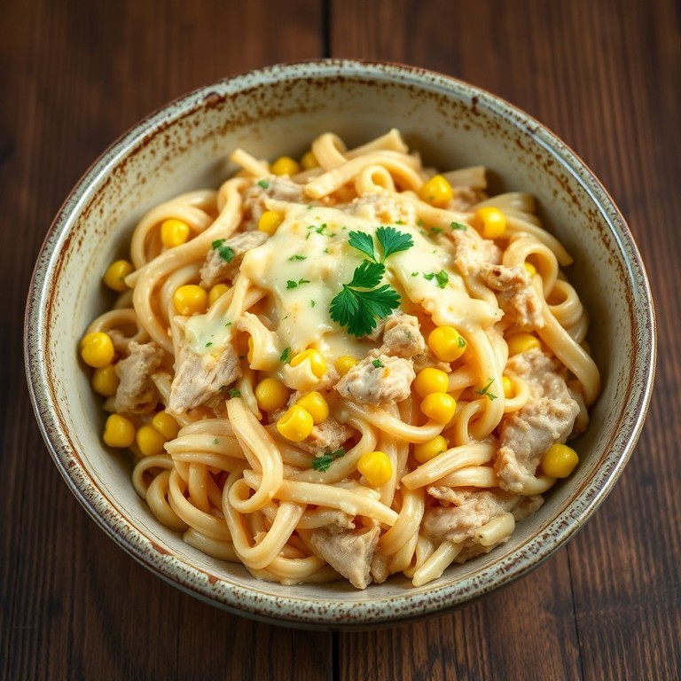 Macarrão Cremoso com Frango Desfiado e Milho