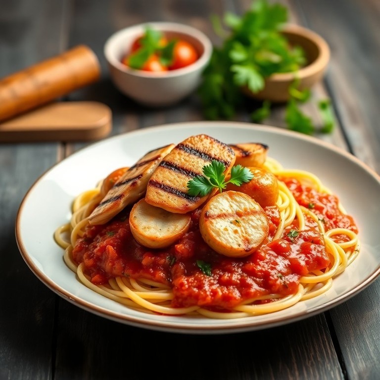 Espaguete com Frango Grelhado e Linguiça Toscana ao Molho de Tomate