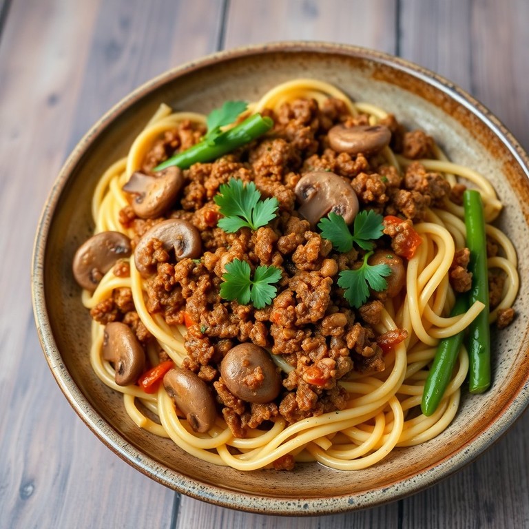 Nudeln mit würzigem Hackfleisch, Champignons und grünen Bohnen