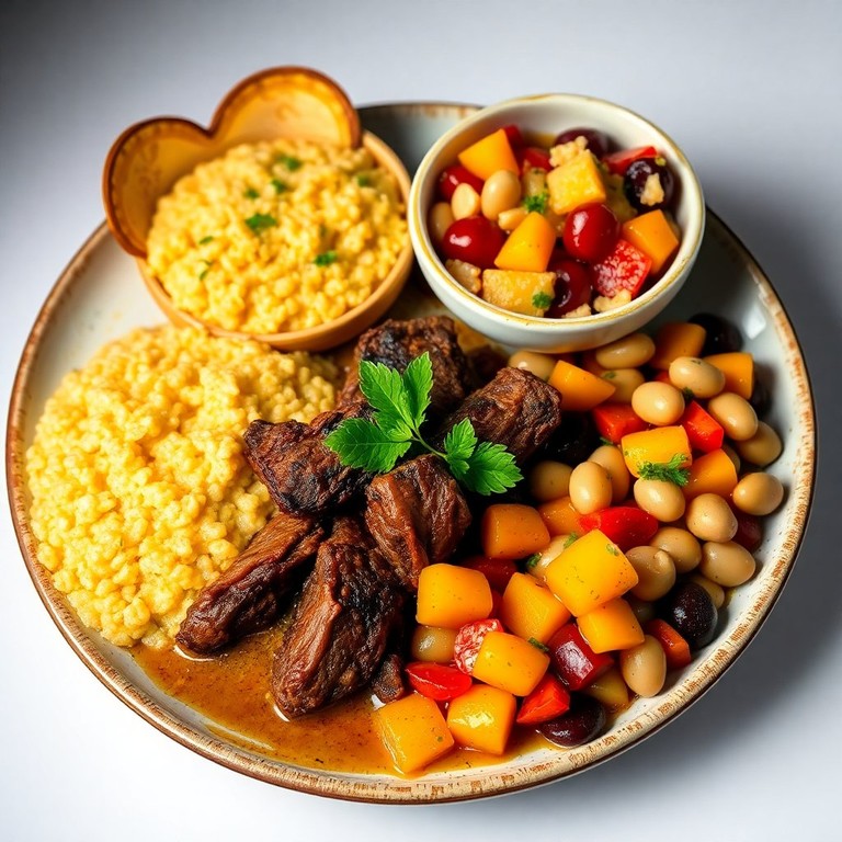 Carne de Sol na Manteiga de Garrafa com Pirão de Queijo Coalho, Cuscuz e Vinagrete de Feijão Fradinho com Biri Biri em Gramas