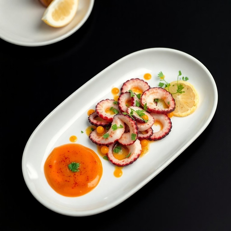 Carpaccio de Polvo com Vinagrete de Biri Biri e Aiolí de Páprica Picante em Gramas