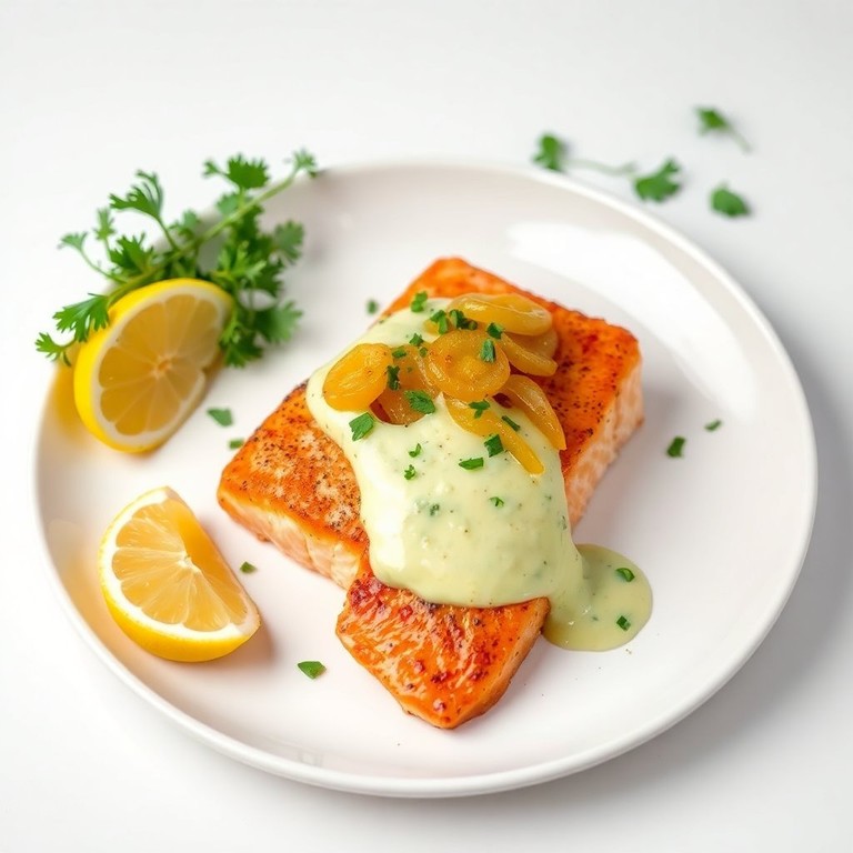 Saumon Poêlé aux Oignons Jaunes et Sauce Crémeuse à l'Oseille