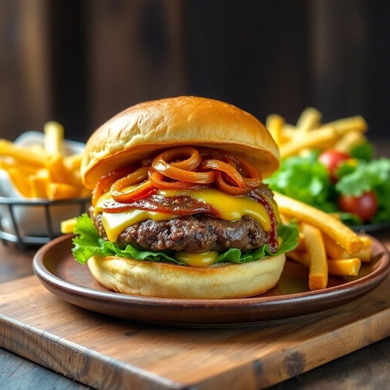 Burger de Steak Haché avec Oignons Caramélisés et Gouda Mimolette