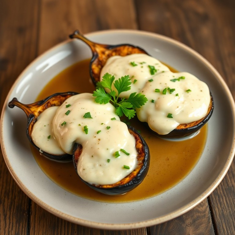 Berenjenas al Horno con Crema de Ajo y Pera