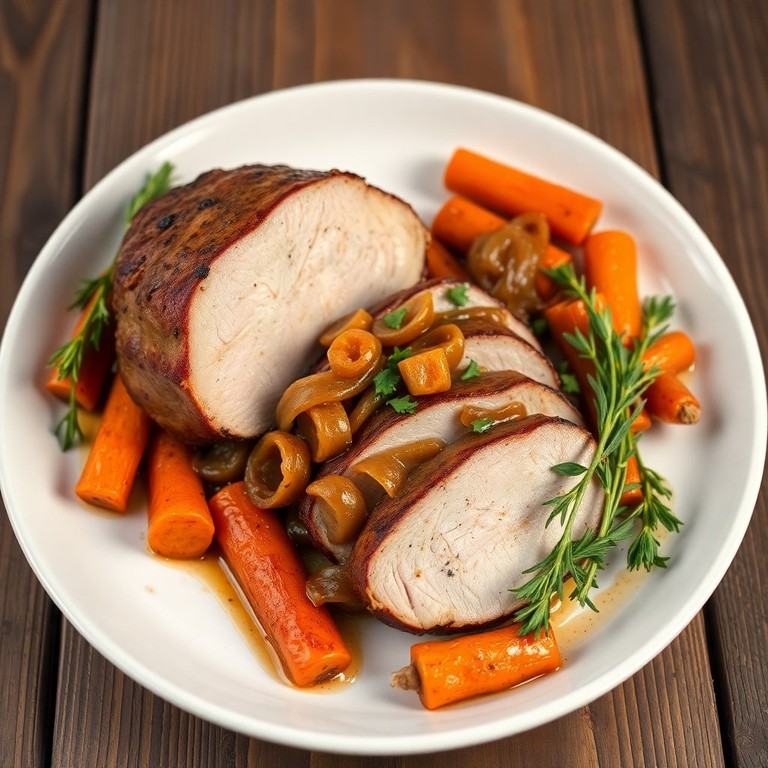 Solomillo de Cerdo Asado con Cebolla Caramelizada y Zanahorias al Horno